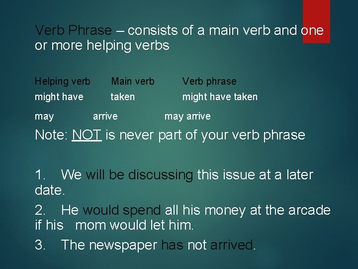 Verb Phrase – consists of a main verb and one or more helping verbs