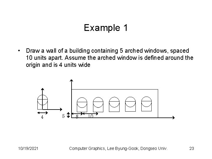 Example 1 • Draw a wall of a building containing 5 arched windows, spaced