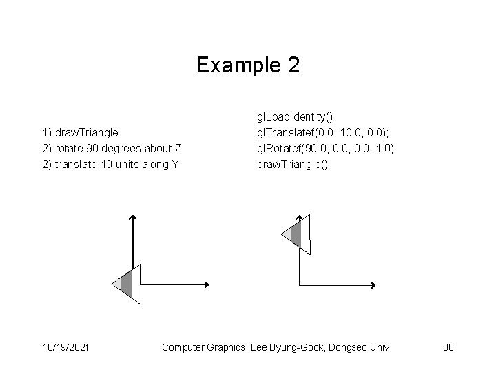 Example 2 1) draw. Triangle 2) rotate 90 degrees about Z 2) translate 10