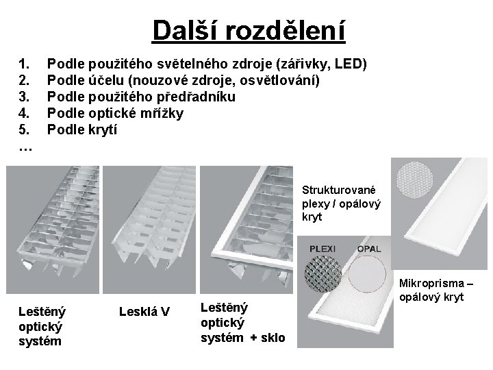 Další rozdělení 1. 2. 3. 4. 5. … Podle použitého světelného zdroje (zářivky, LED)