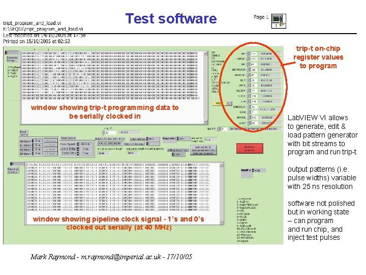 Test software trip-t on-chip register values to program window showing trip-t programming data to