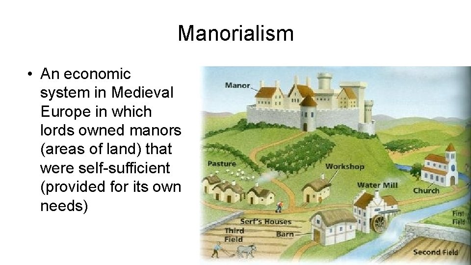 Manorialism • An economic system in Medieval Europe in which lords owned manors (areas