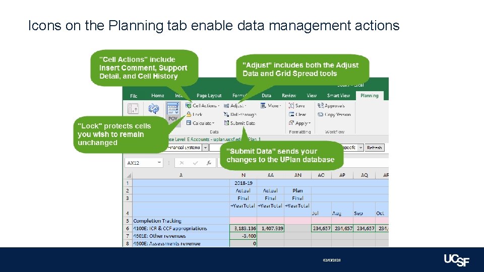 Icons on the Planning tab enable data management actions 02/03/2020 