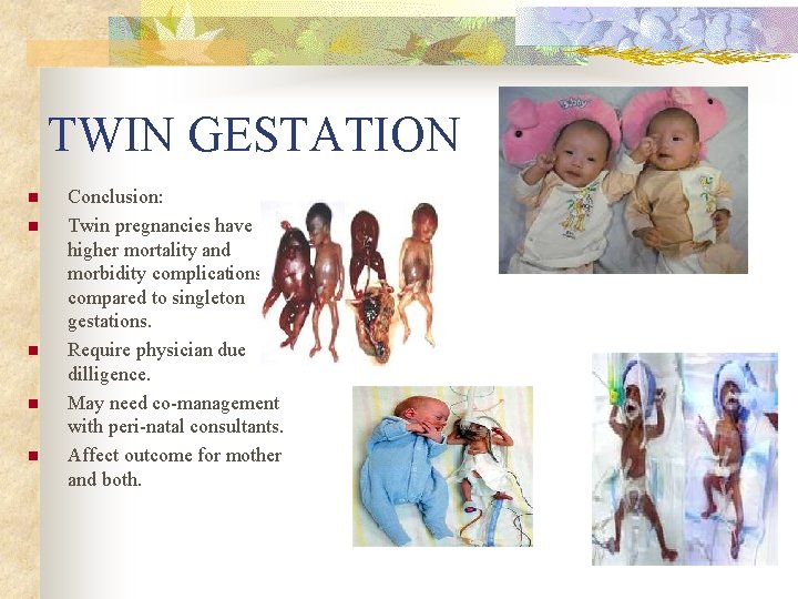 TWIN GESTATION n n n Conclusion: Twin pregnancies have higher mortality and morbidity complications