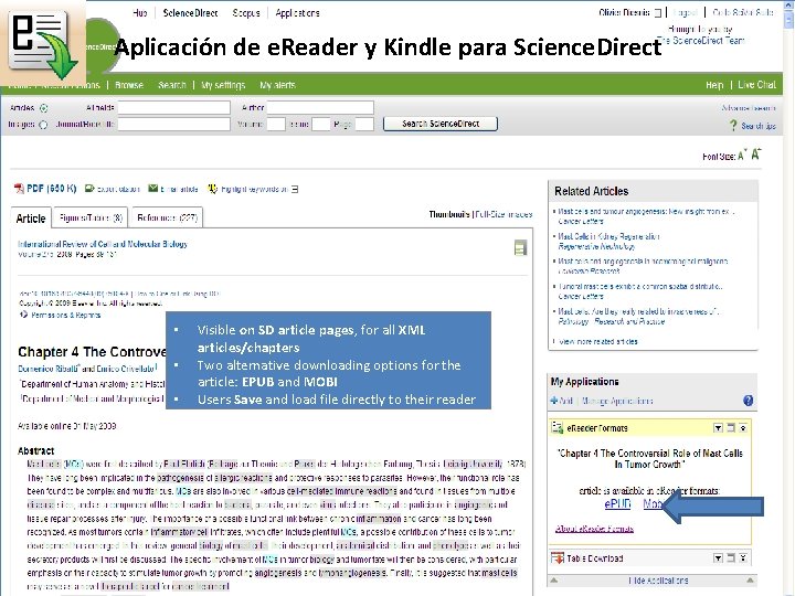 Aplicación de e. Reader y Kindle para Science. Direct • • • Visible on