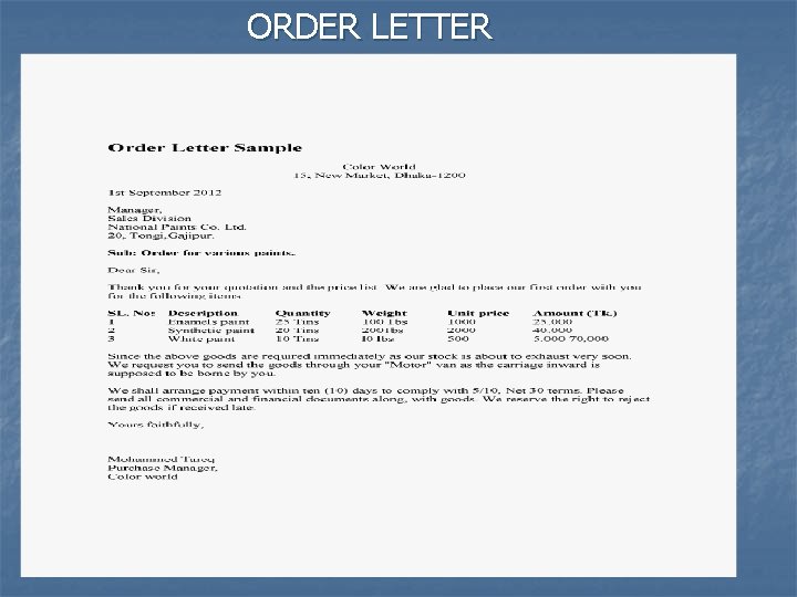 ORDER LETTER 