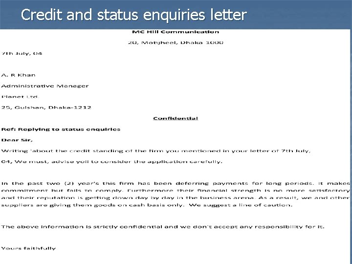 Credit and status enquiries letter 