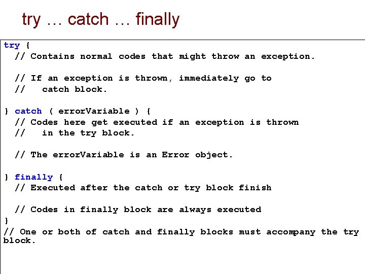 try … catch … finally try { // Contains normal codes that might throw
