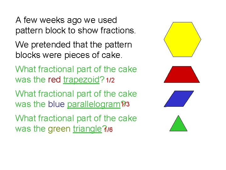 A few weeks ago we used pattern block to show fractions. We pretended that