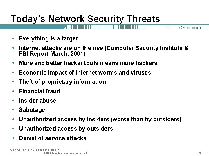 Today’s Network Security Threats • Everything is a target • Internet attacks are on
