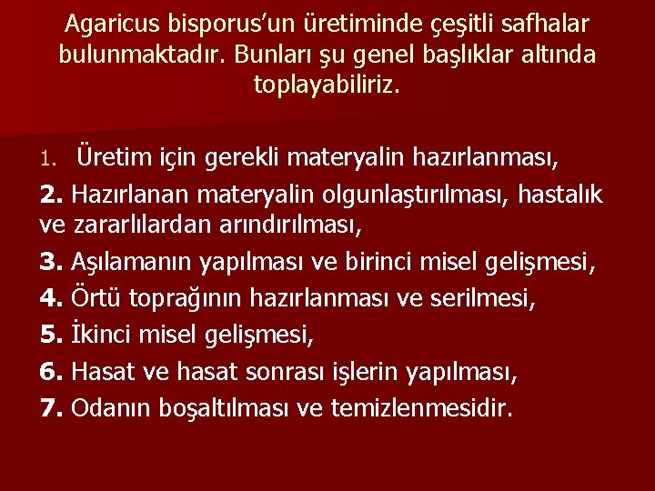 Agaricus bisporus’un üretiminde çeşitli safhalar bulunmaktadır. Bunları şu genel başlıklar altında toplayabiliriz. Üretim için