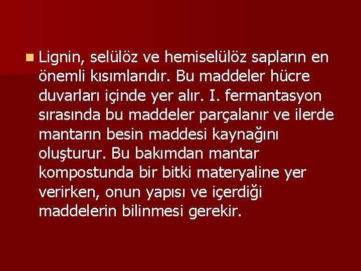 n Lignin, selülöz ve hemiselülöz sapların en önemli kısımlarıdır. Bu maddeler hücre duvarları içinde