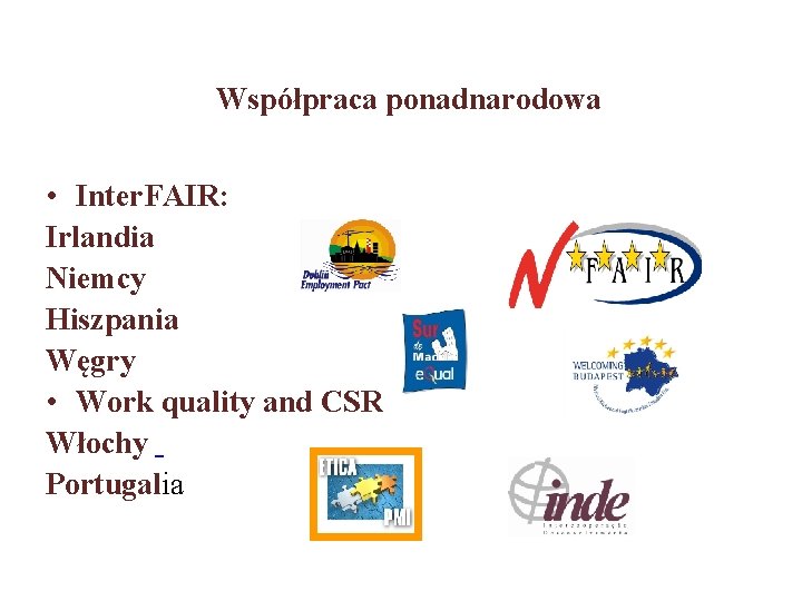 Współpraca ponadnarodowa • Inter. FAIR: Irlandia Niemcy Hiszpania Węgry • Work quality and CSR