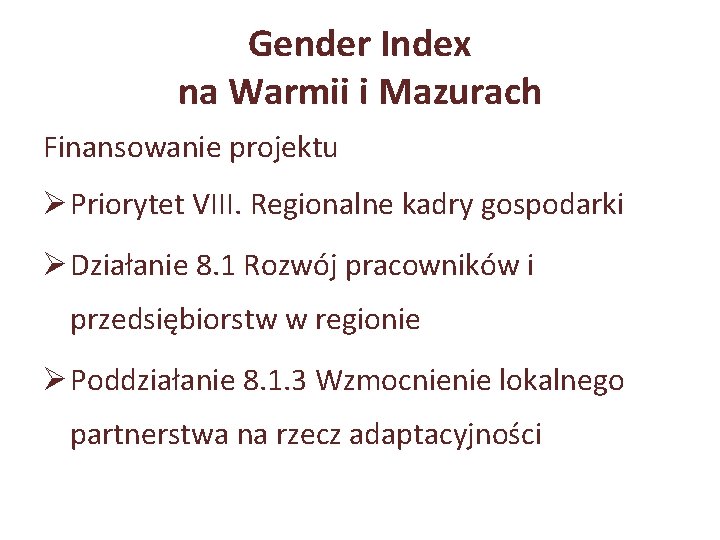 Gender Index na Warmii i Mazurach Finansowanie projektu Ø Priorytet VIII. Regionalne kadry gospodarki