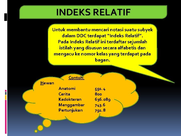 INDEKS RELATIF Untuk membantu mencari notasi suatu subyek dalam DDC terdapat “Indeks Relatif”. Pada