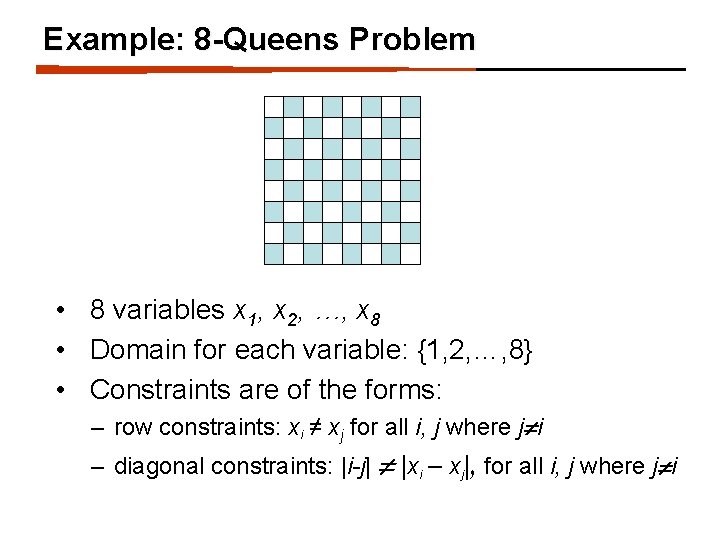 Example: 8 -Queens Problem • 8 variables x 1, x 2, …, x 8