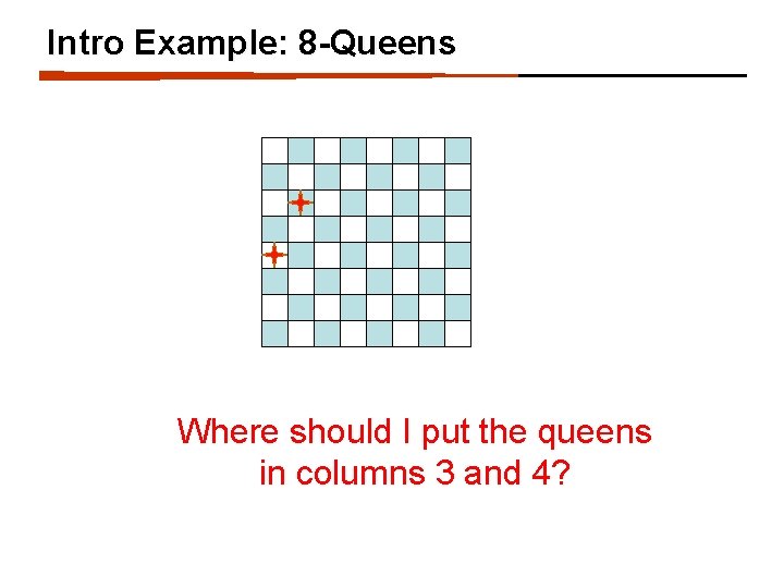 Intro Example: 8 -Queens Where should I put the queens in columns 3 and