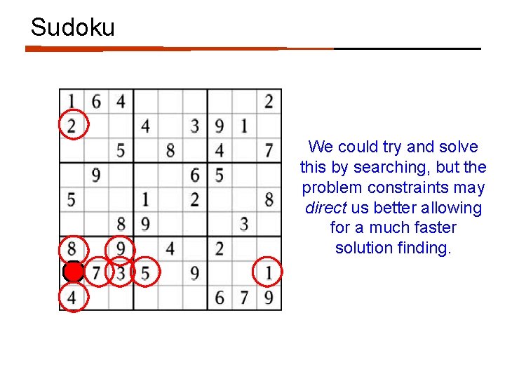 Sudoku We could try and solve this by searching, but the problem constraints may