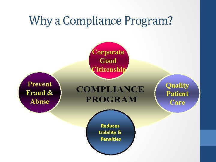 Why a Compliance Program? Corporate Good Citizenship Prevent Fraud & Abuse Quality Patient Care
