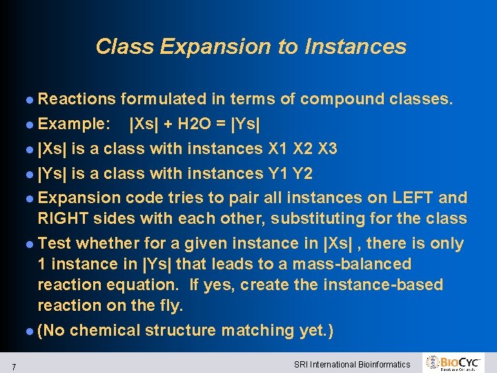 Class Expansion to Instances Reactions formulated in terms of compound classes. Example: |Xs| +