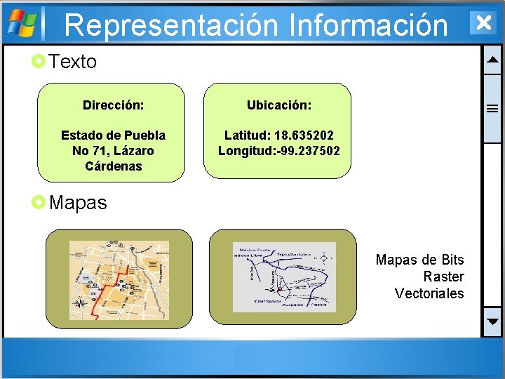 Representación Información £Texto Dirección: Ubicación: Estado de Puebla No 71, Lázaro Cárdenas Latitud: 18.