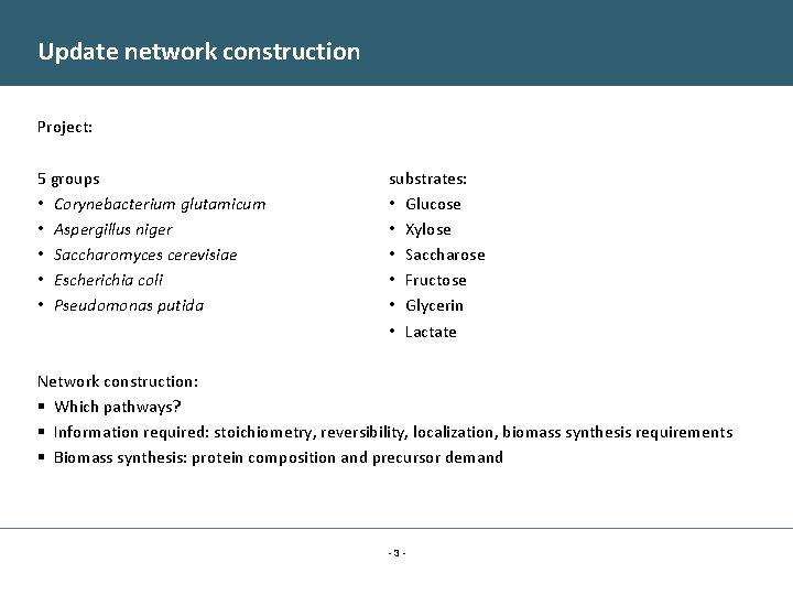 Update network construction Project: 5 groups • Corynebacterium glutamicum • Aspergillus niger • Saccharomyces