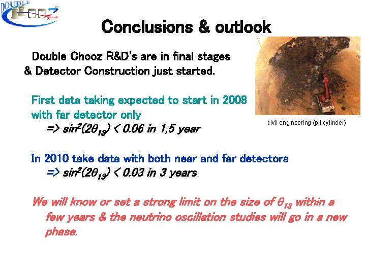 Conclusions & outlook Double Chooz R&D's are in final stages & Detector Construction just