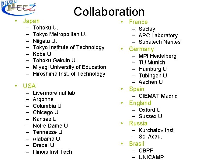  • Japan – – – – Collaboration Tohoku U. Tokyo Metropolitan U. Niigata