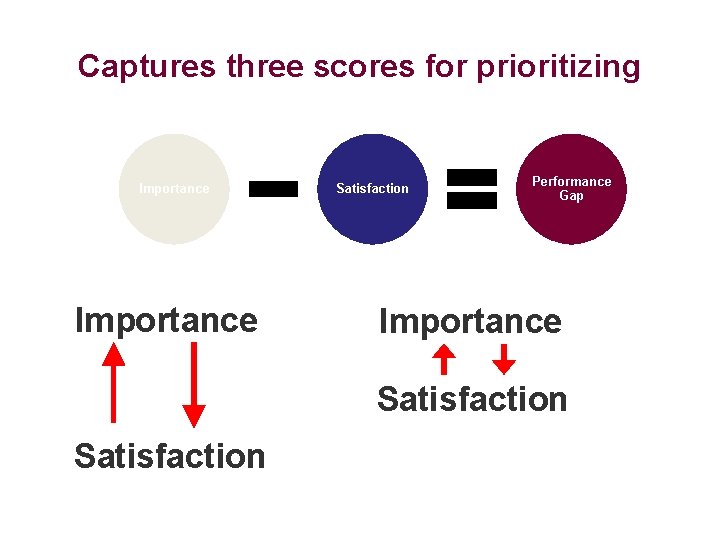 Captures three scores for prioritizing Importance Satisfaction Performance Gap Importance Satisfaction 