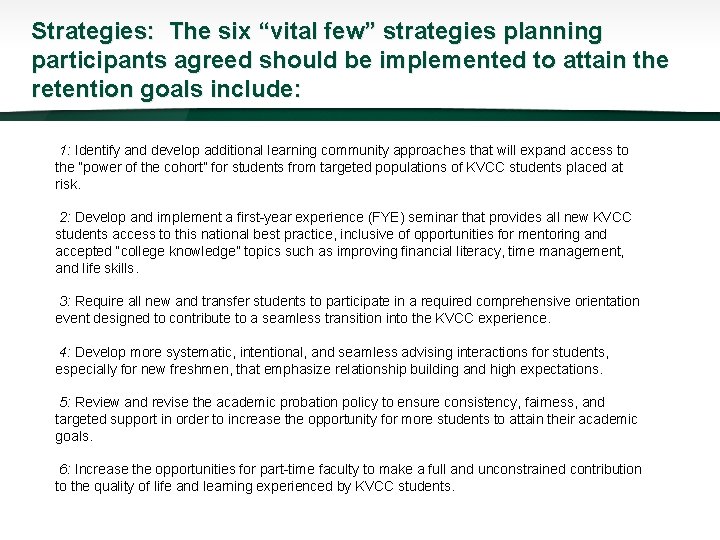 Strategies: The six “vital few” strategies planning participants agreed should be implemented to attain