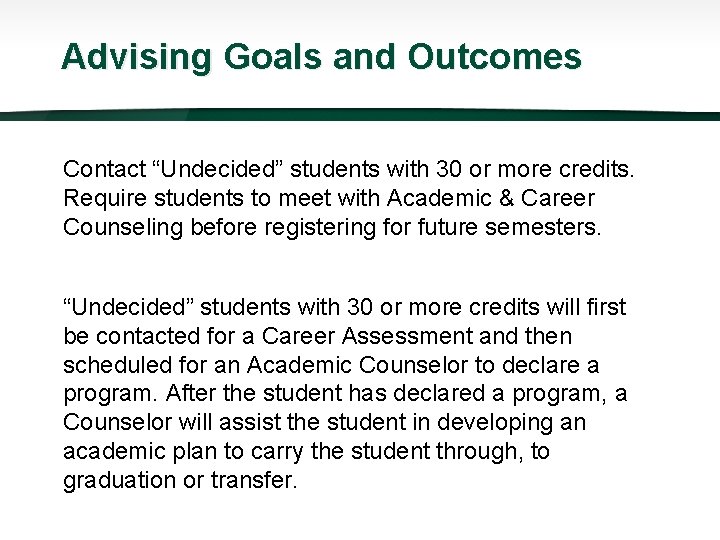 Advising Goals and Outcomes Contact “Undecided” students with 30 or more credits. Require students