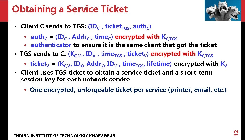 Obtaining a Service Ticket • Client C sends to TGS: (IDV , ticket. TGS,