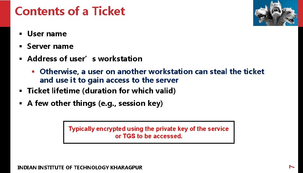 Contents of a Ticket § User name § Server name § Address of user’s