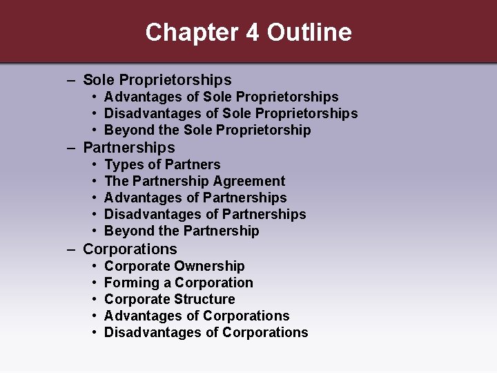 Chapter 4 Outline – Sole Proprietorships • Advantages of Sole Proprietorships • Disadvantages of