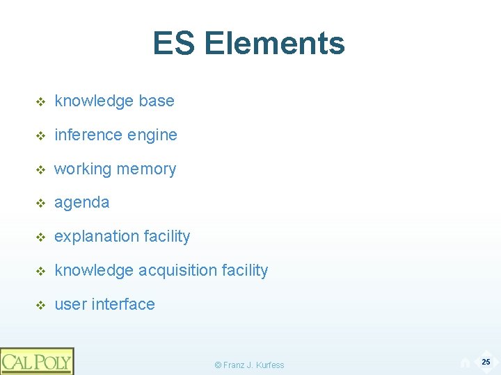 ES Elements v knowledge base v inference engine v working memory v agenda v