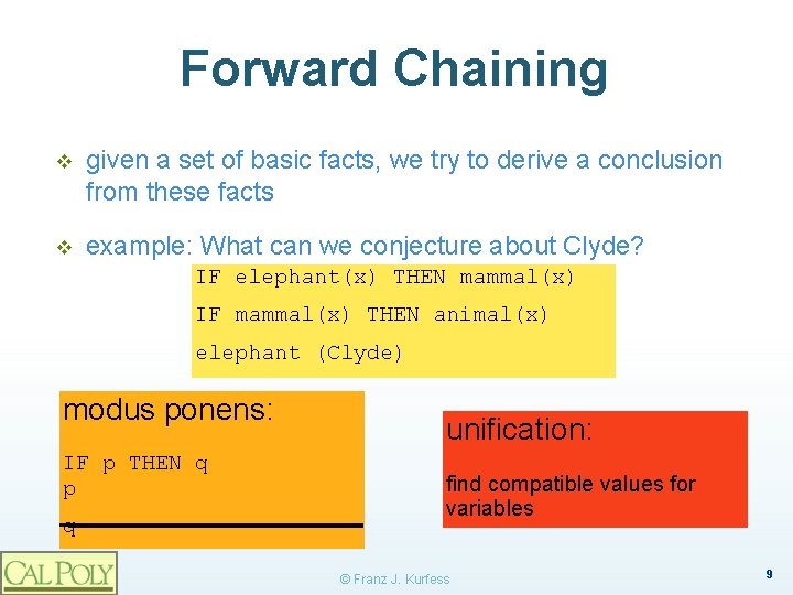 Forward Chaining v given a set of basic facts, we try to derive a