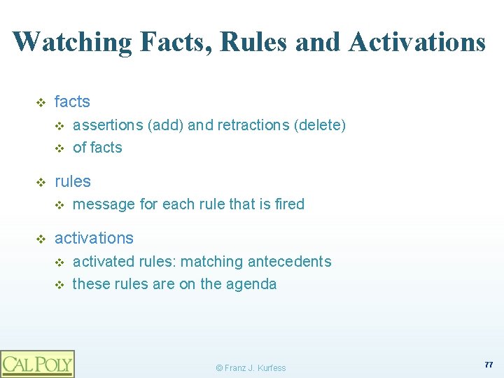 Watching Facts, Rules and Activations v facts v v v rules v v assertions