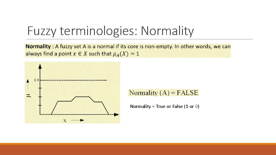 Fuzzy terminologies: Normality = True or False (1 or 0) 