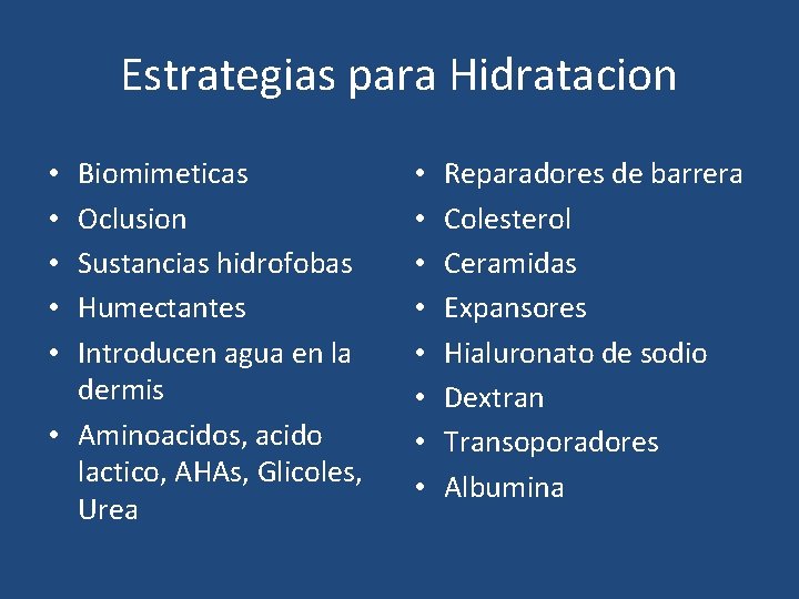 Estrategias para Hidratacion Biomimeticas Oclusion Sustancias hidrofobas Humectantes Introducen agua en la dermis •
