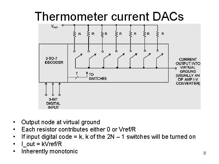 Thermometer current DACs • • • Output node at virtual ground Each resistor contributes