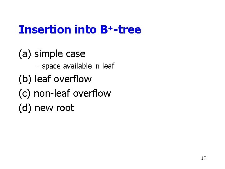 Insertion into B+-tree (a) simple case - space available in leaf (b) leaf overflow