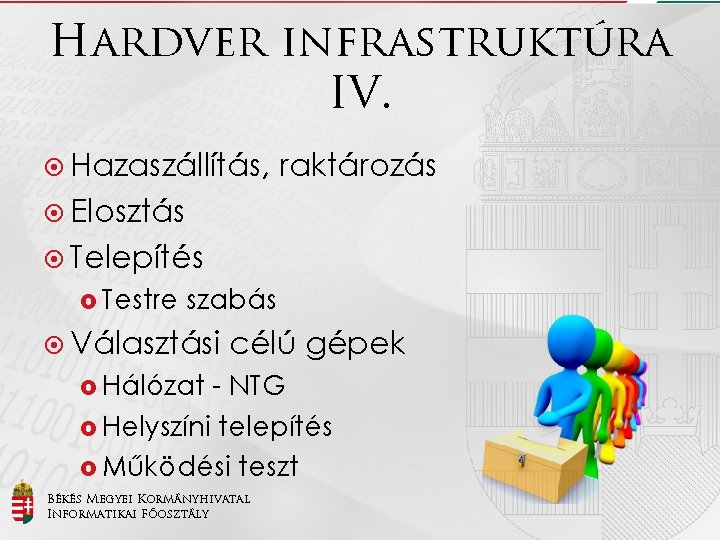 Hardver infrastruktúra IV. Hazaszállítás, raktározás Elosztás Telepítés Testre szabás Választási célú gépek Hálózat -