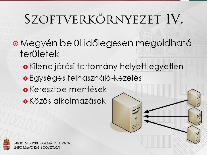 Szoftverkörnyezet IV. Megyén belül időlegesen megoldható területek Kilenc járási tartomány helyett egyetlen Egységes felhasználó-kezelés