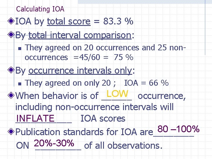 Calculating IOA by total score = 83. 3 % By total interval comparison: n