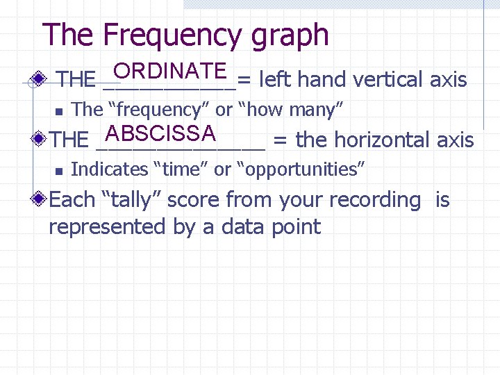 The Frequency graph ORDINATE left hand vertical axis THE ______= n The “frequency” or