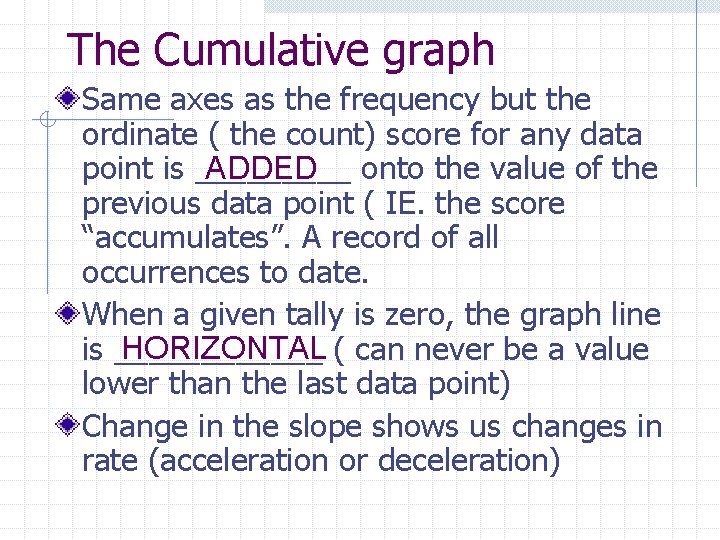 The Cumulative graph Same axes as the frequency but the ordinate ( the count)