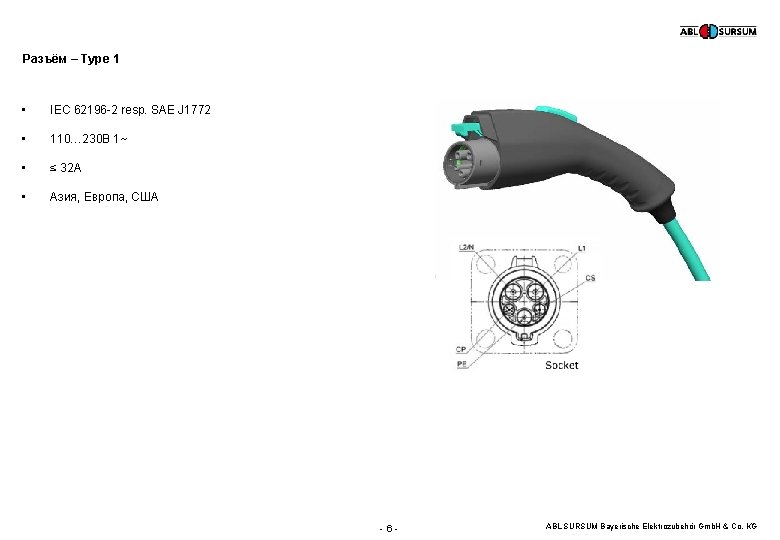 Разъём – Type 1 • IEC 62196 -2 resp. SAE J 1772 • 110…