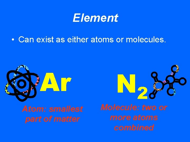 Element • Can exist as either atoms or molecules. Ar Atom: smallest part of