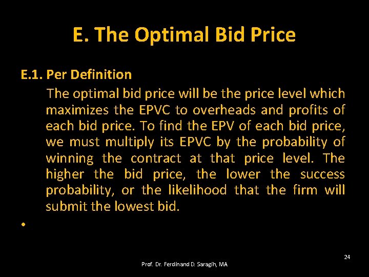 E. The Optimal Bid Price E. 1. Per Definition The optimal bid price will