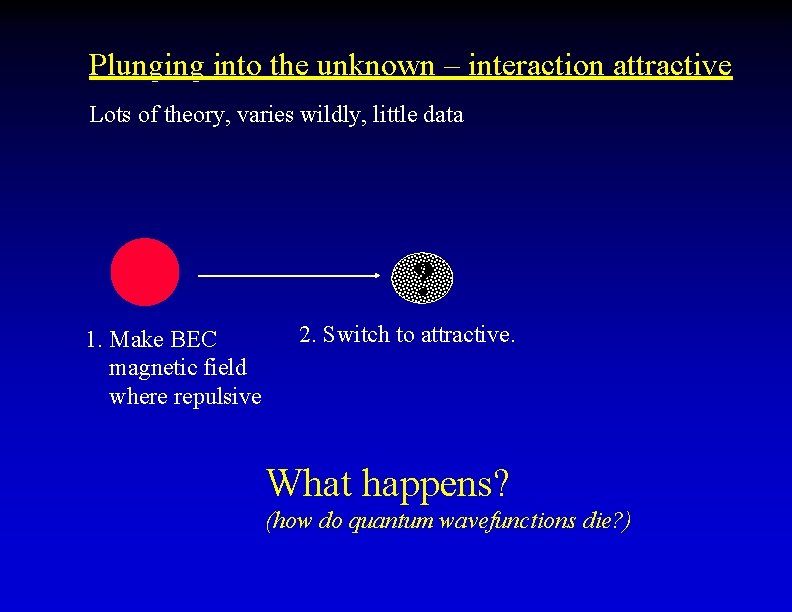 Plunging into the unknown – interaction attractive Lots of theory, varies wildly, little data